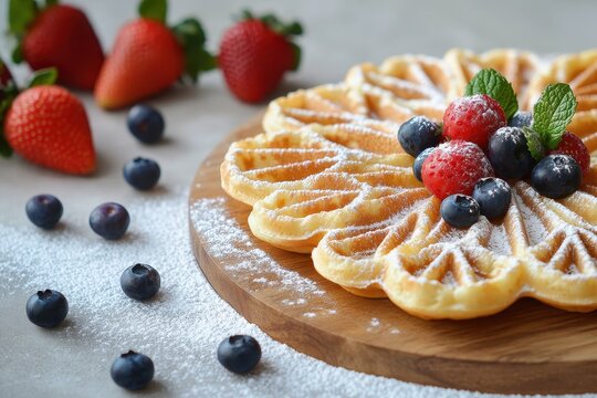 Heart-shaped waffles adorned with fresh berries and powdered sugar.  A light and airy waffle, topped with a delightful mix of blueberries and strawberries, is dusted with powdered sugar and fresh mint
