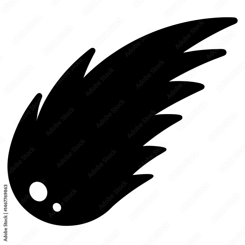 Poster stylized black comet silhouette with pointed tail and illuminated front