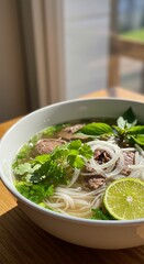 A Captivating Bowl of Vietnamese Pho Aromatic Broth Rice Noodles and Fresh Herbs An Authentic Culinary Experience That Will Transport You to Vietnam Flavors