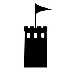 Simple black silhouette of a medieval castle tower with a flag flying