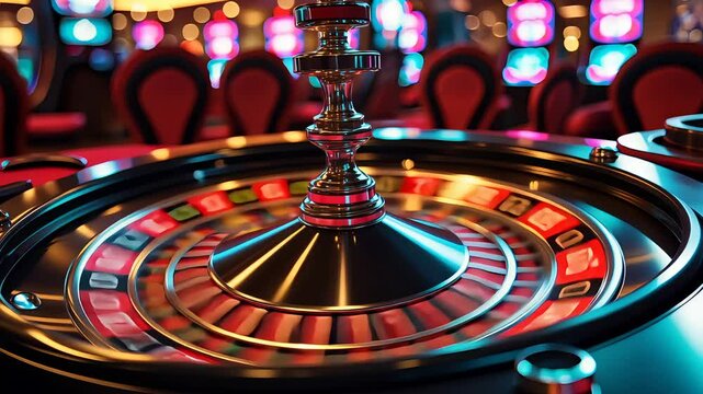 Close-up of a roulette wheel with red and black numbers at a casino, illuminated by vibrant lights in the background.

