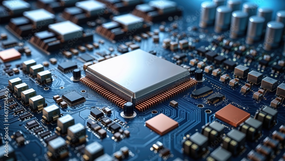 Fototapete close-up view of a complex microprocessor and circuit board highlighting technology and innovation i