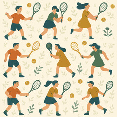 A repeated design shows people playing tennis with rackets and balls