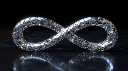 Fototapeta premium Digital infinity symbol with diamond facets on dark reflective background.