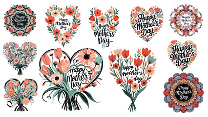 Floral Happy Mother&rsquo;s Day Designs with Heart and Mandala Shapes &ndash; Vector