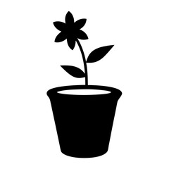 Black flower in pot with leaves, graphic, simple illustration style