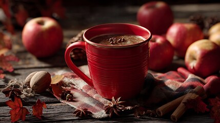 High-detail food photography of red coffee mug beside apples and spices on wooden table with fall background.