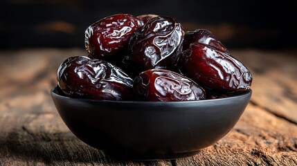 High-resolution close-up of glossy dates stacked in a black bowl, dramatic lighting and deep contrast against wooden texture.