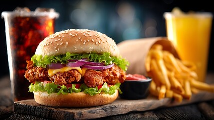 High-resolution fast food setup with juicy chicken sandwich, fries, and drink containers, commercial food photography style.
