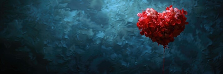 This enchanting image features a heart shape created from vibrant red flowers, set against a serene blue background. Perfect for themes of love and romance.