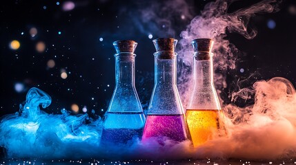 Three closed lab flasks in cloud of scientific smoke. Vibrant colors and magical experimental vibe. Celebrate the wonder of science. Celebrate Scientists Day visual