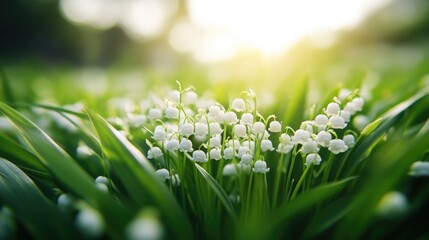 Lily of the Valley Flowers in green grass. Blurred background with copy space