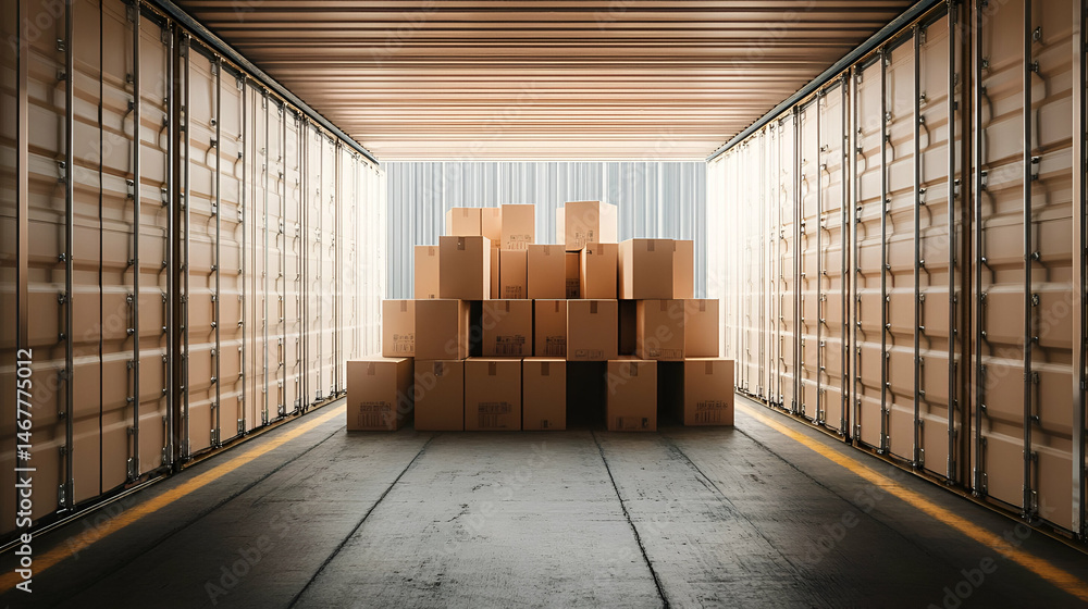 Poster stack of cardboard boxes inside a shipping container