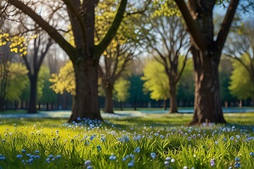 Obraz premium Sunlight filters through the oak branches, illuminating the yellow leaves scattered on the grass of the park, a beautiful blend of spring's potential and autumn's gentle decline in nature's landscape