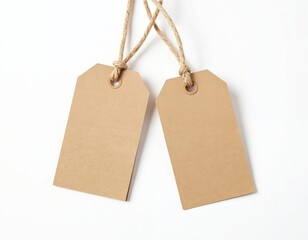 Two blank brown price tags with natural rope strings on white background. Empty craft paper labels. Ideal for retail, sale promotion, discount, advertising, gift wrapping, handmade products. Vintage,