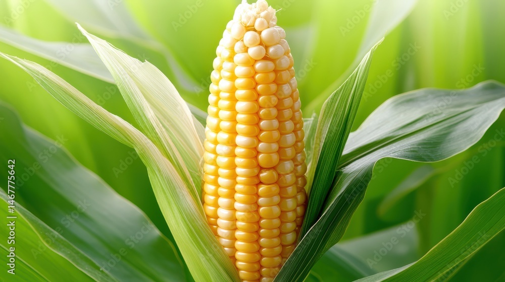 Poster a macro shot of a single corn spike on the stalk, showing the intricate details of the kernels and h