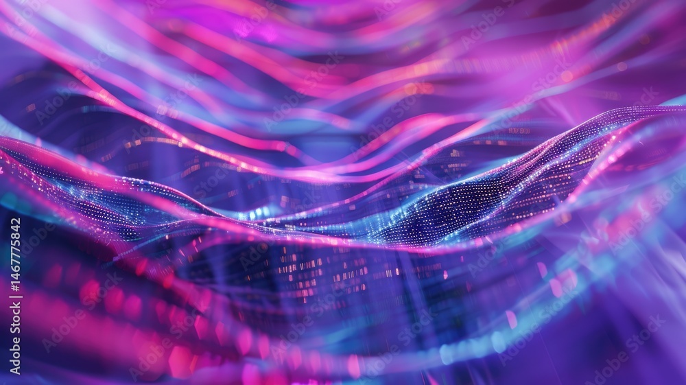 Poster abstract picture micro light sparkling particle represent data flow. vivid flowing wave with high te