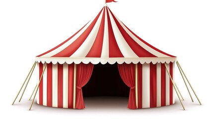 A red and white striped circus tent with open entrance curtains.