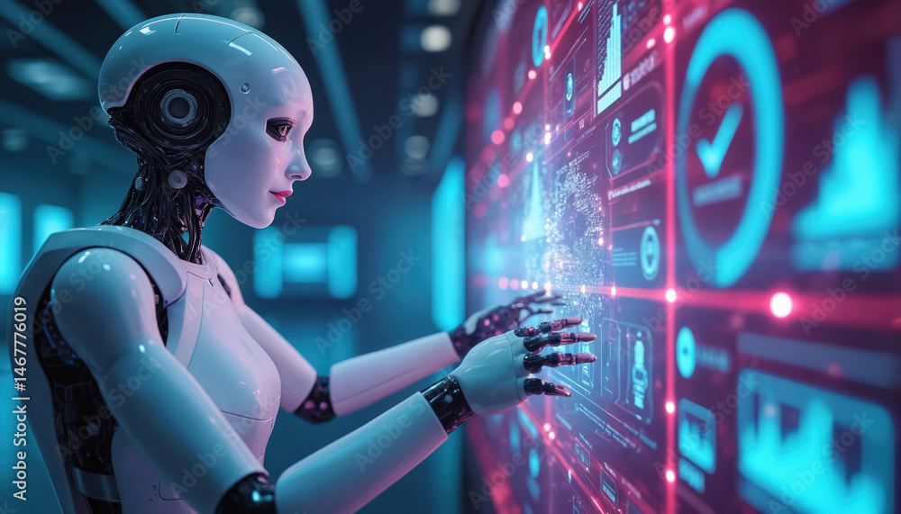 Aufkleber Futuristic robot interacts with advanced holographic data displays in high-tech environment. AI-powered machine manipulates virtual interface. Digital progress in automated tech world with neon