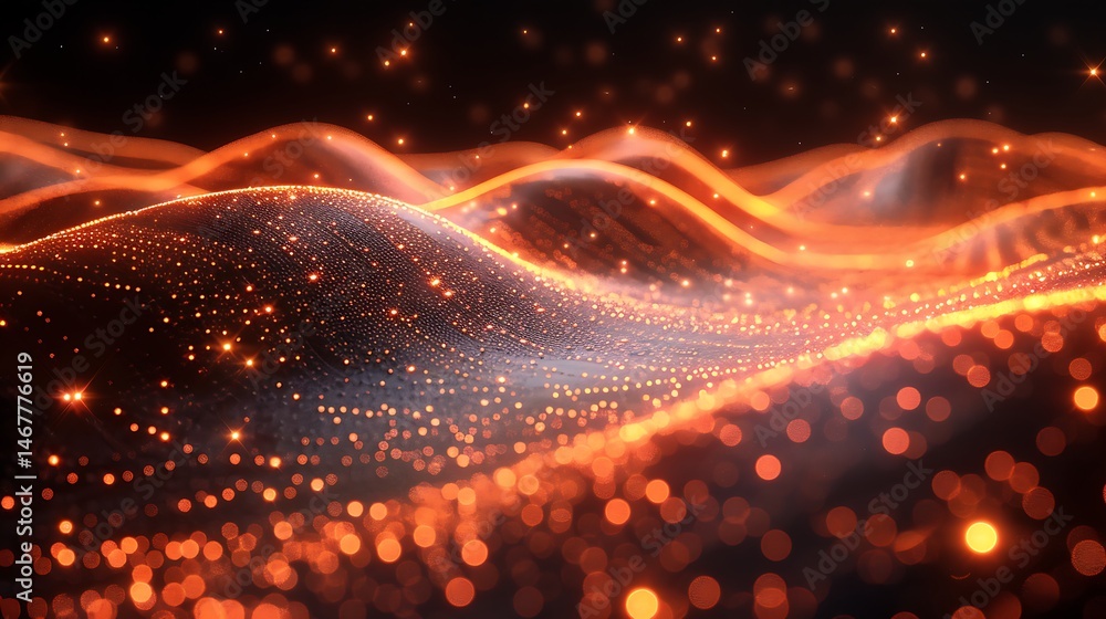 Wall mural glowing orange waves made of tiny digital particles undulate smoothly over a black background