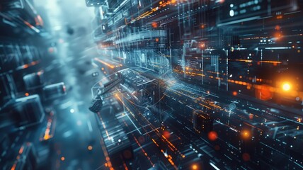 Abstract picture digital style scenery high tech building or structure with glowing fantasy neon light. Cyberpunk or cyberspace scene technology design construction and electric particle flow. AIG53.