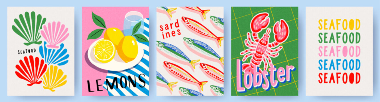 Сollection of cute summer Mediterranean posters, cards templates with lemons, seashells, sardines pattern, lobster and seafood typography design. Trendy summer design for branding, ads, print, decor
