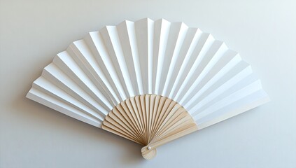 Elegant white paper fan, light and airy.  Wooden handle, classic design