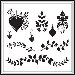 Floral Silhouette Elements Set – Heart Ornament, Leaf Branches, Decorative Foliage Icons for Elegant Design