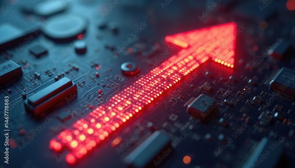 Poster glowing red pixel arrow on dark background. digital illustration of technology. symbol of progress, 