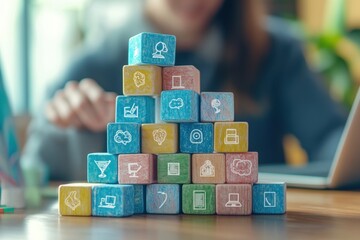 Wooden blocks with various business icons