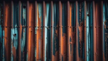 Obraz premium Textured rusted metal wall showcasing vibrant colors and patterns in an urban environment with industrial charm