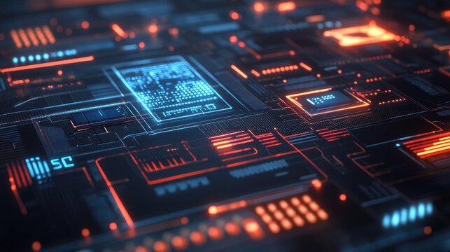 Futuristic circuit board with glowing digital data - Powered by Adobe
