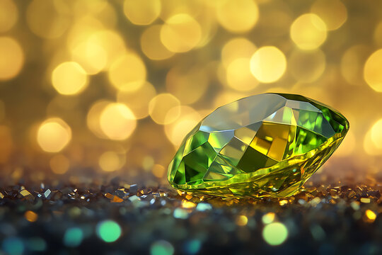 Radiant green Peridot gemstone sparkles atop a glittering surface with glowing golden bokeh in the background. Ideal for luxury, wealth, nature, elegance, jewelry design, or premium product visuals.