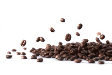 Roasted coffee beans falling onto a pile. Rich, dark brown colors.