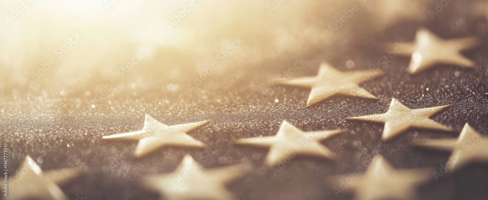 Poster a soft focus image showcasing intricate wooden stars scattered on a sparkling background, creating a