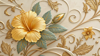 Luxurious Gold Hibiscus Floral Design on a Cream Background