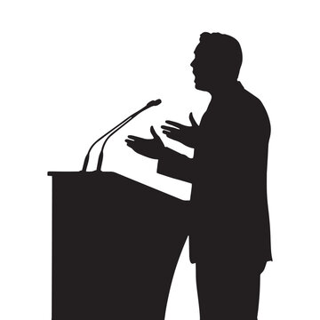 recommend clip art: Silhouette of Male Speaker Delivering Speech at Podium on Stage. Vector illustration.