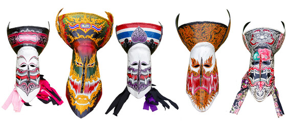 Set of Thailand Ghost Festival masks for the Phi Ta Khon Festival onwhite background