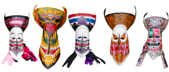 Set of Thailand Ghost Festival masks for the Phi Ta Khon Festival onwhite background