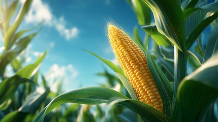 corn crop in summer field – close-up of ripe maize ear in farmland, perfect for agricultural content, food industry promotion, or sustainability topics