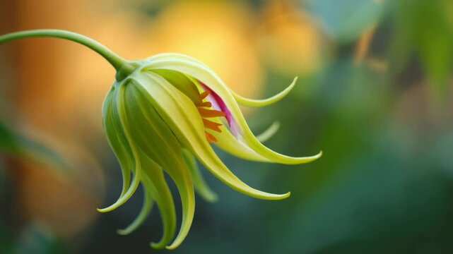 Time-lapse video of unique climbing lily bud, vibrant and delicate, representing exotic beauty and anticipation, against soft bokeh