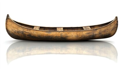 Aged wooden canoe on reflective surface with white backdrop.
