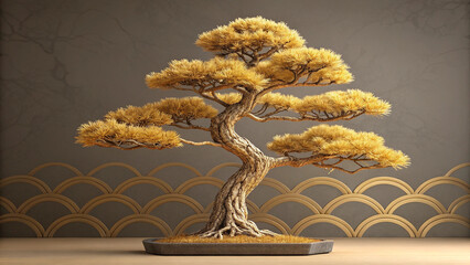 Golden Bonsai Tree Against a Tranquil Asian Landscape
