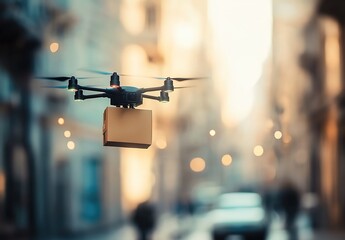 Obraz premium Delivery drone hovering over city with bokeh lights at dusk.
