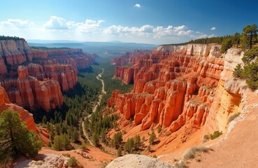 Scenic view Cedar Breaks National Monument in Utah. Red rock canyon landscape. Natural formations with erosion. Popular travel destination for hiking adventure. Amazing nature scenery with blue sky.