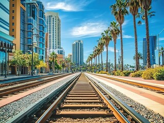 Obraz premium Railway tracks with skyscrapers and palm trees under blue sky.
