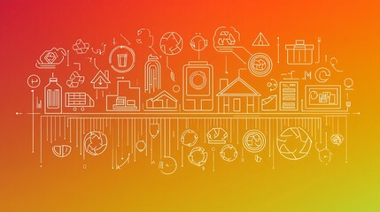 Gradient orange background with icons of circular economy concepts like recycling loops