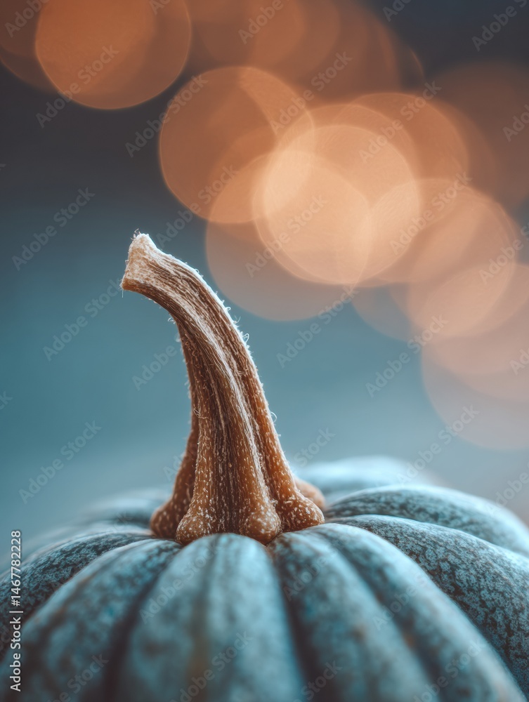 Poster close-up view of a pumpkin stem accented by soft bokeh in the background during autumn season genera