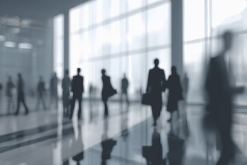 Blurred silhouettes of diverse business people in a modern office building.