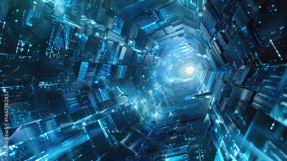 Poster abstract picture of blue light particle with digital technology style design connecting become dynam